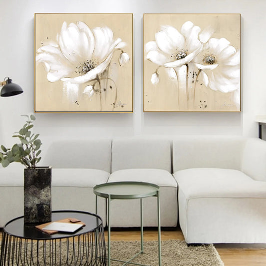 Beige White Petal Flower Wall Art Fine Art Canvas Prints Modern Botanical Square Format Floral Pictures For Living Room Bedroom Decor