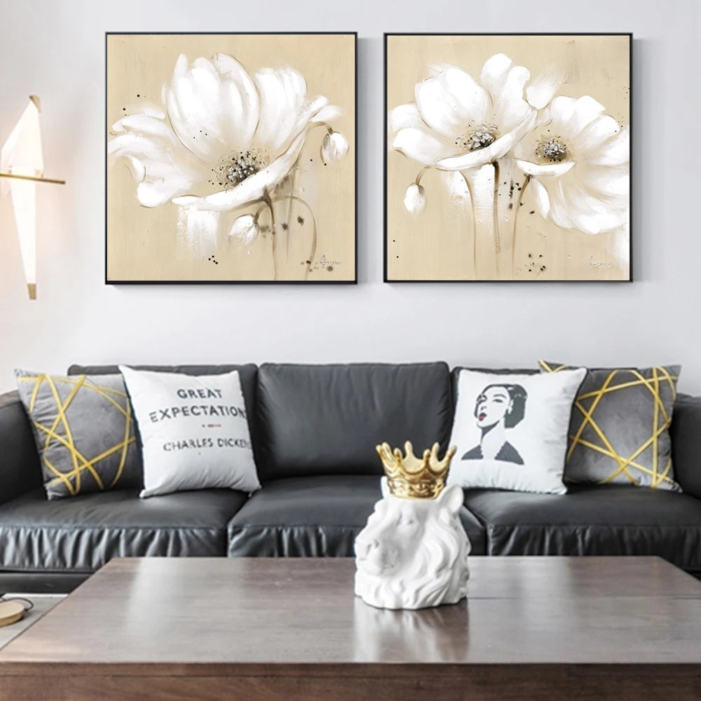 Beige White Petal Flower Wall Art Fine Art Canvas Prints Modern Botanical Square Format Floral Pictures For Living Room Bedroom Decor