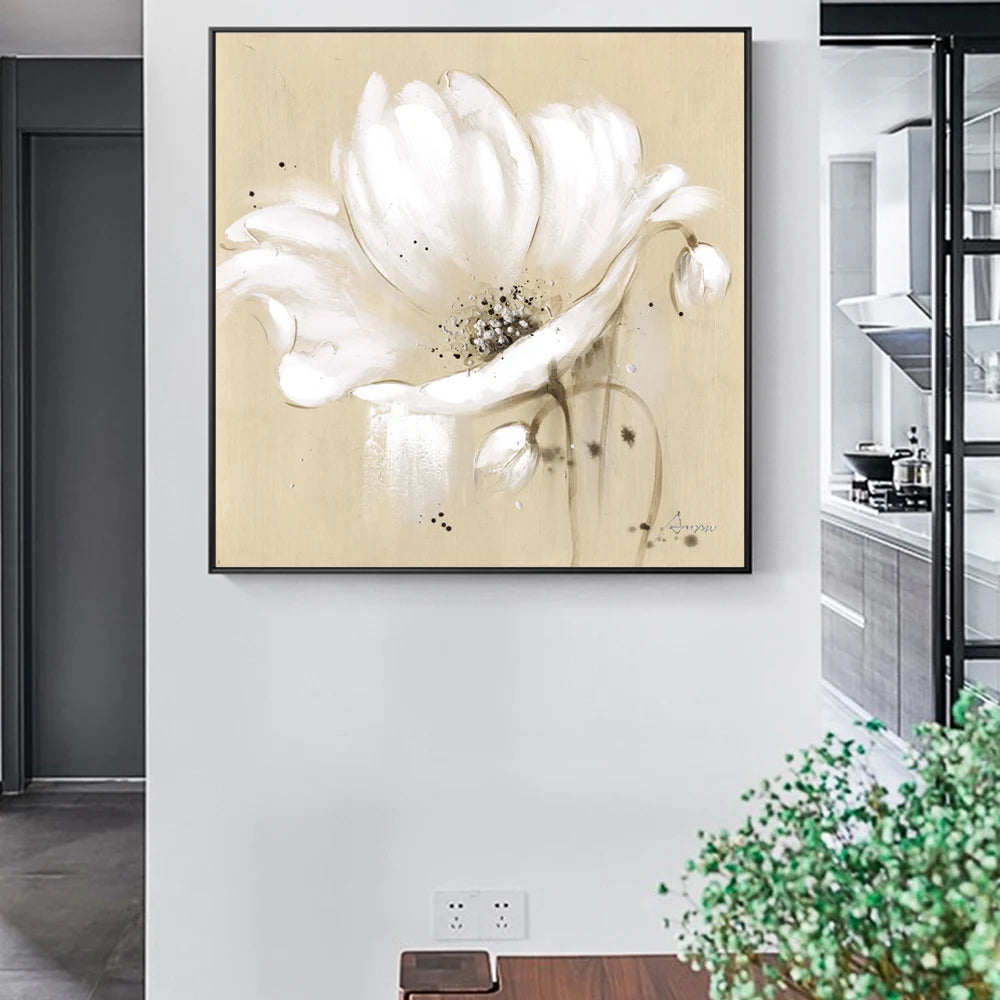 Beige White Petal Flower Wall Art Fine Art Canvas Prints Modern Botanical Square Format Floral Pictures For Living Room Bedroom Decor