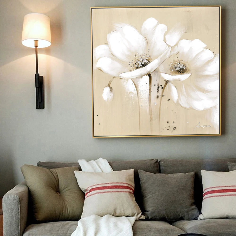 Beige White Petal Flower Wall Art Fine Art Canvas Prints Modern Botanical Square Format Floral Pictures For Living Room Bedroom Decor