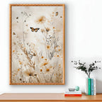Framed floral artwork with butterflies on a wall above a shelf with books and a plant.