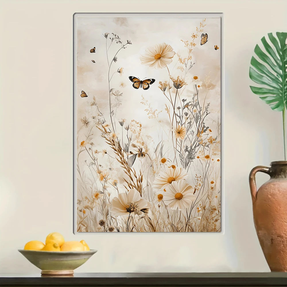 Framed floral artwork with butterflies on a wall above a shelf with fruit and a vase.