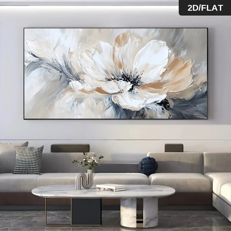 Modern living room with a large abstract floral painting on the wall.