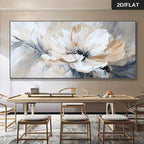 Abstract floral painting on a wall above a dining table with chairs.