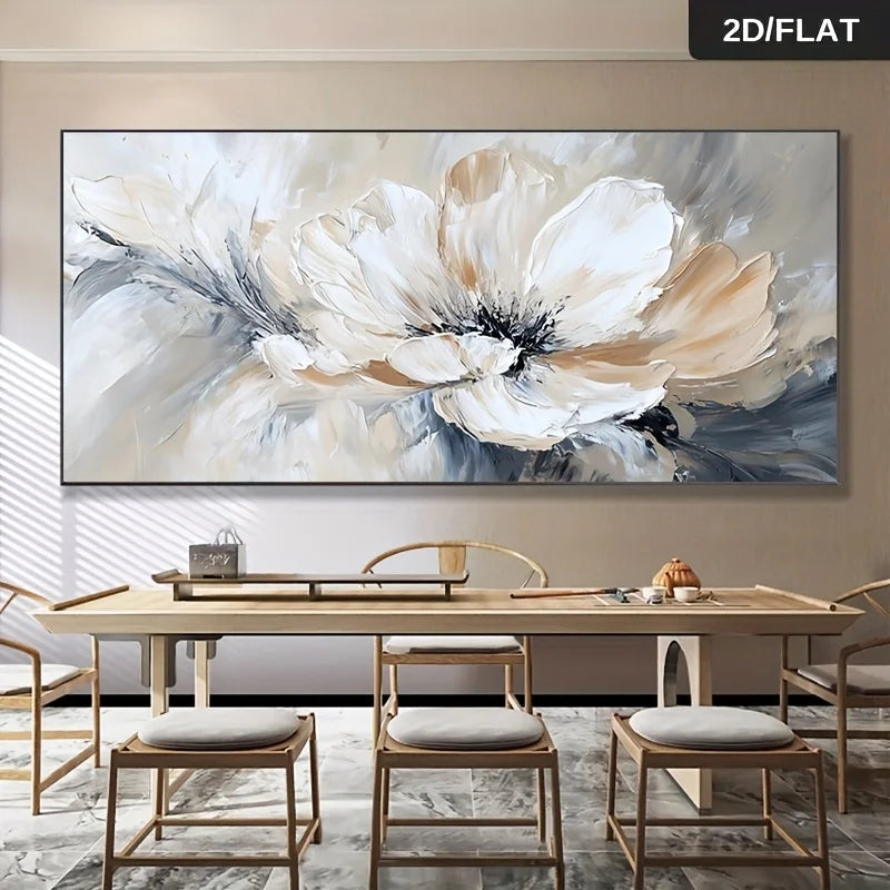 Abstract floral painting on a wall above a dining table with chairs.