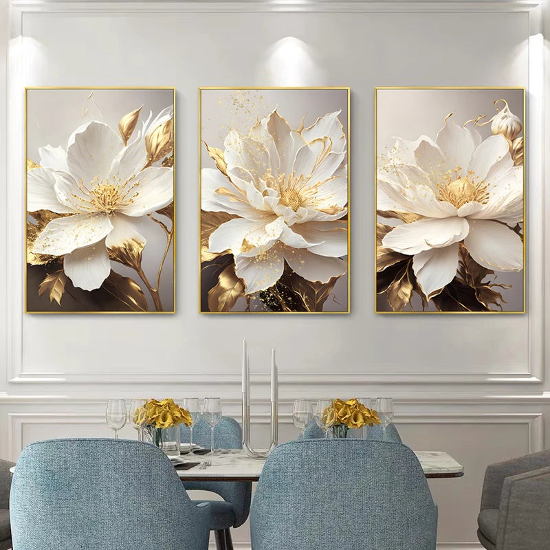 Big Golden White Petal Floral Wall Art Fine Art Canvas Prints Modern Botanical Pictures For Living Room Reception Foyer Light Luxury Floral Wall Decor