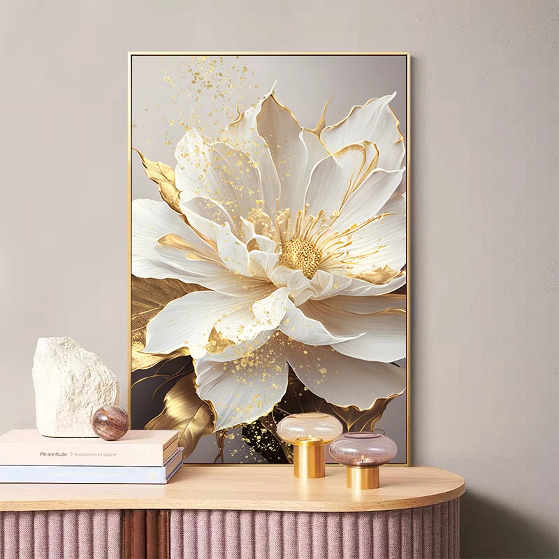 Big Golden White Petal Floral Wall Art Fine Art Canvas Prints Modern Botanical Pictures For Living Room Reception Foyer Light Luxury Floral Wall Decor