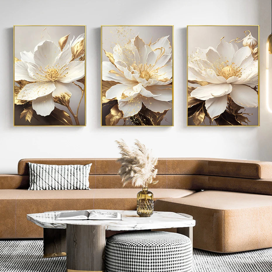 Big Golden White Petal Floral Wall Art Fine Art Canvas Prints Modern Botanical Pictures For Living Room Reception Foyer Light Luxury Floral Wall Decor