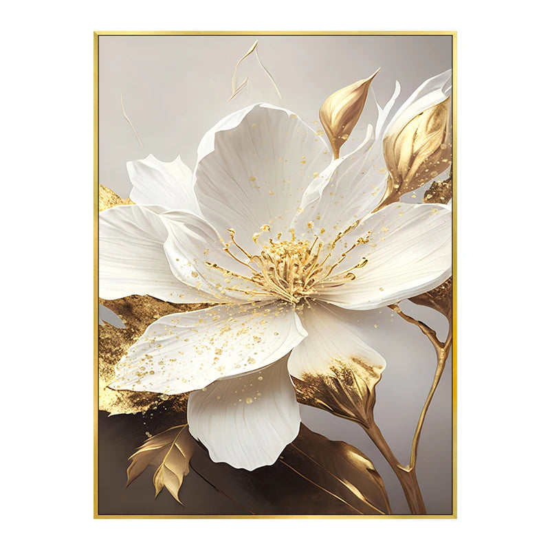 Big Golden White Petal Floral Wall Art Fine Art Canvas Prints Modern Botanical Pictures For Living Room Reception Foyer Light Luxury Floral Wall Decor