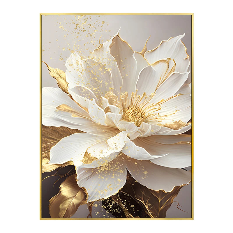 Big Golden White Petal Floral Wall Art Fine Art Canvas Prints Modern Botanical Pictures For Living Room Reception Foyer Light Luxury Floral Wall Decor