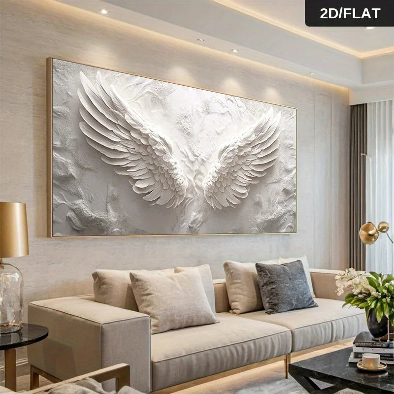 Living room with a large abstract painting of wings on the wall above a beige sofa.
