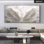 Large abstract painting of angel wings in a modern living room.