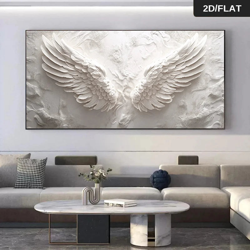 Large abstract painting of angel wings in a modern living room.