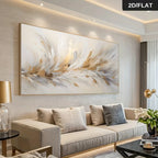 Living room with a large abstract painting on the wall, beige sofa, and decorative elements.
