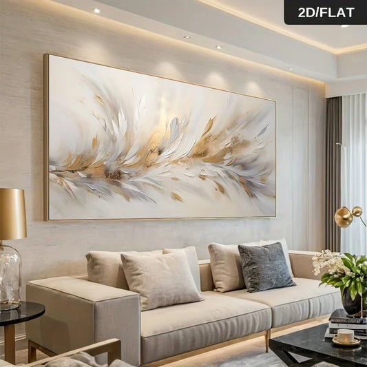 Living room with a large abstract painting on the wall, beige sofa, and decorative elements.