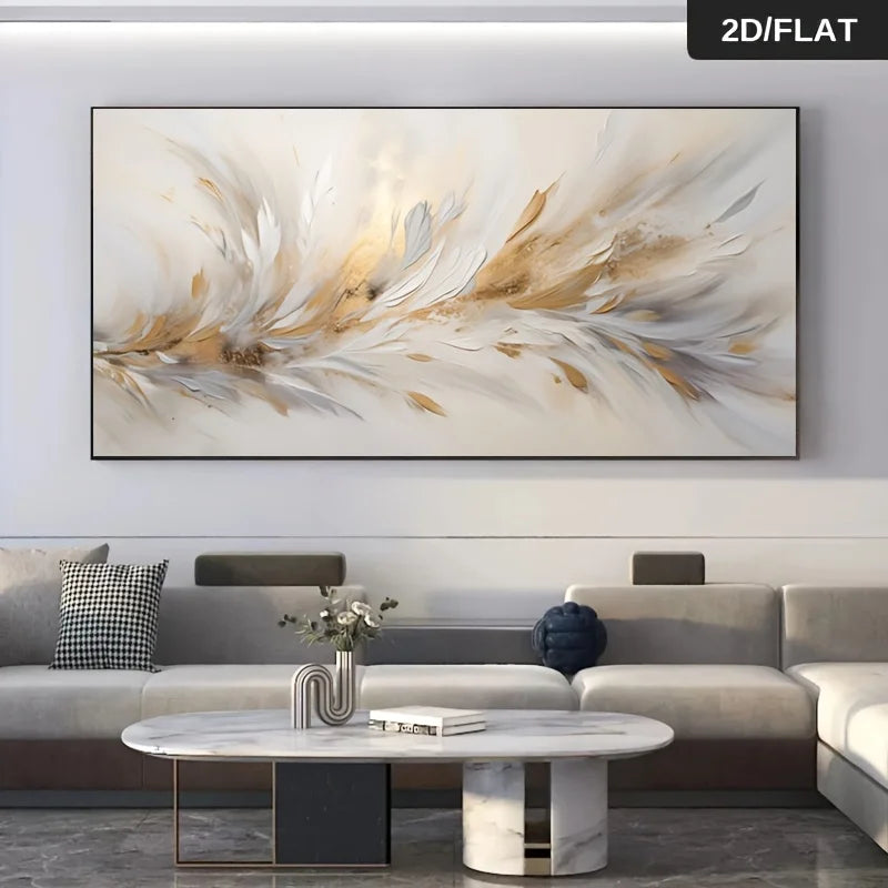 Modern living room with a large abstract painting on the wall.