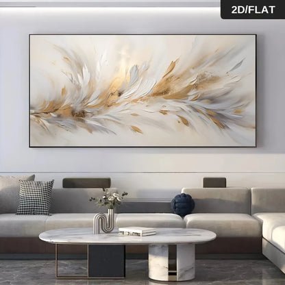 Modern living room with a large abstract painting on the wall.