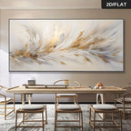 Modern dining room with abstract wall art and wooden furniture.