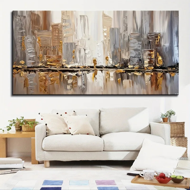 Big Sizes Abstract City Skyline Wall Art Fine Art Canvas Print Neutral Tones Modern Cityscape Picture For Urban Apartment Living Room Decor