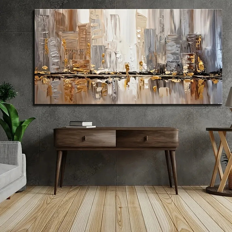Big Sizes Abstract City Skyline Wall Art Fine Art Canvas Print Neutral Tones Modern Cityscape Picture For Urban Apartment Living Room Decor