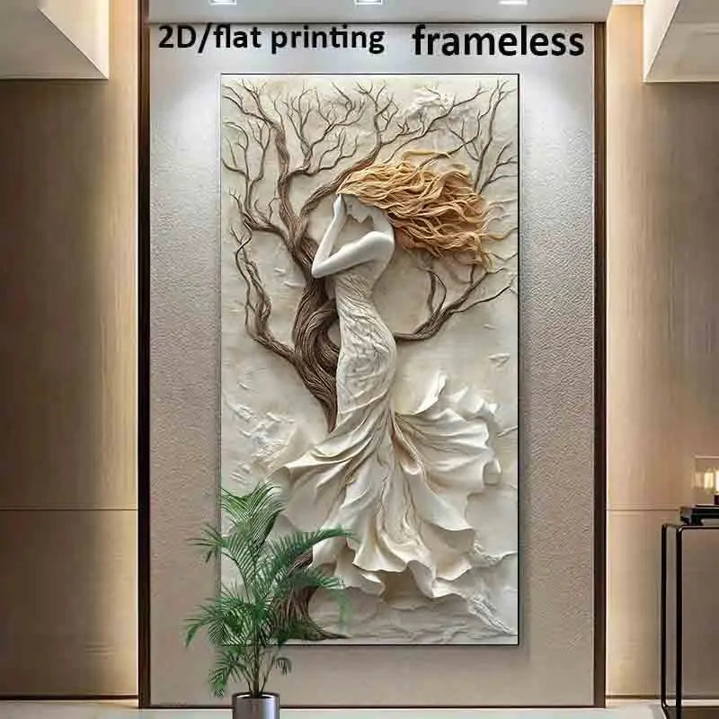 Big Sizes Abstract Tree Goddess Wall Art Fine Art Canvas Print - Sculptural Relief Design Artwork for Contemporary Neutral Home Décor & Artistic Statement Walls