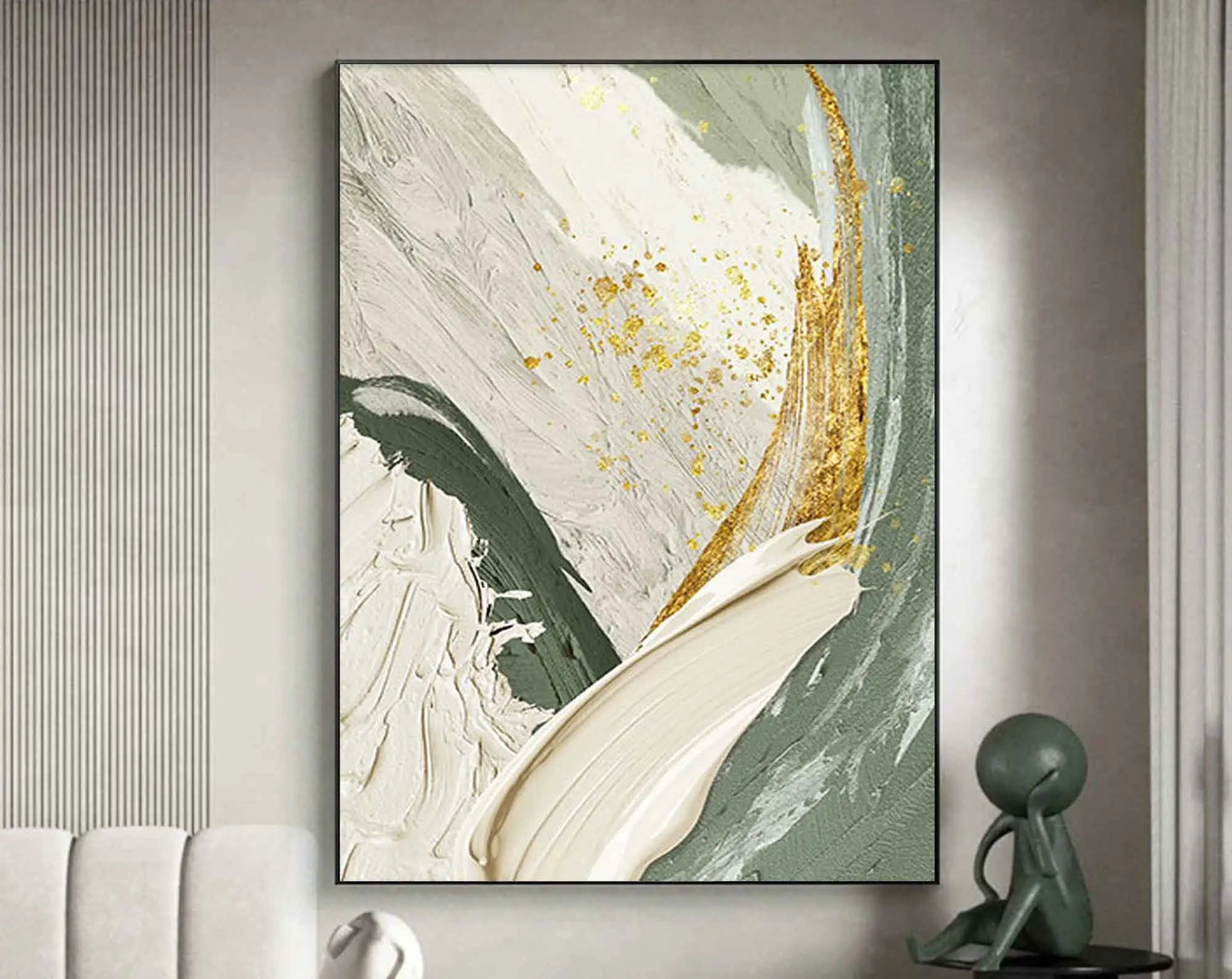 Big Sizes Abstract Wall Art Fine Art Canvas Prints Green Beige Golden Flowing Textural Design Pictures For Modern Apartment Living Room Foyer Art Decor