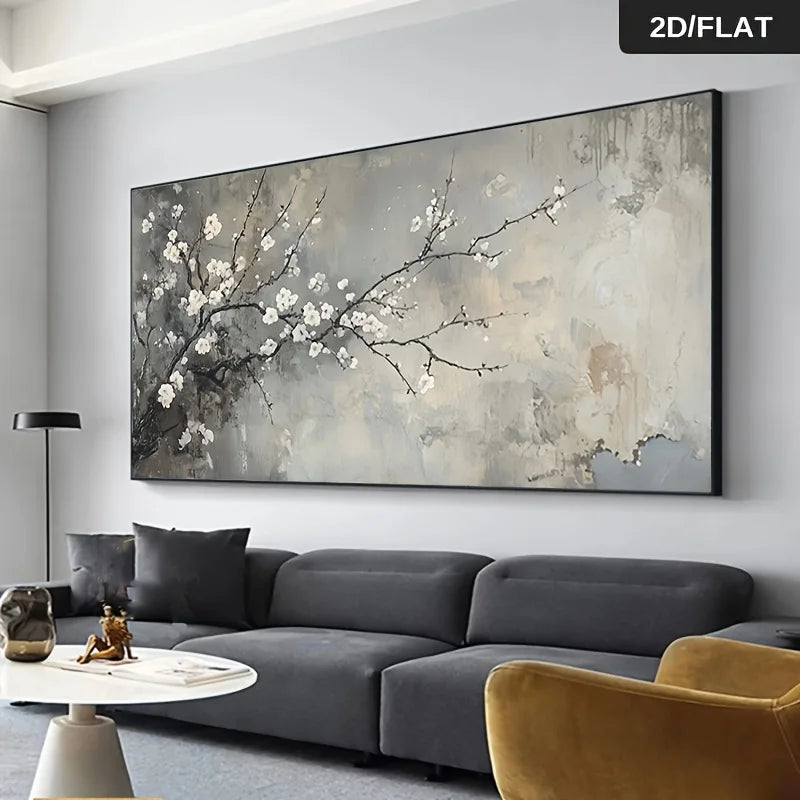 Living room with a large abstract painting of floral branches on a gray wall.