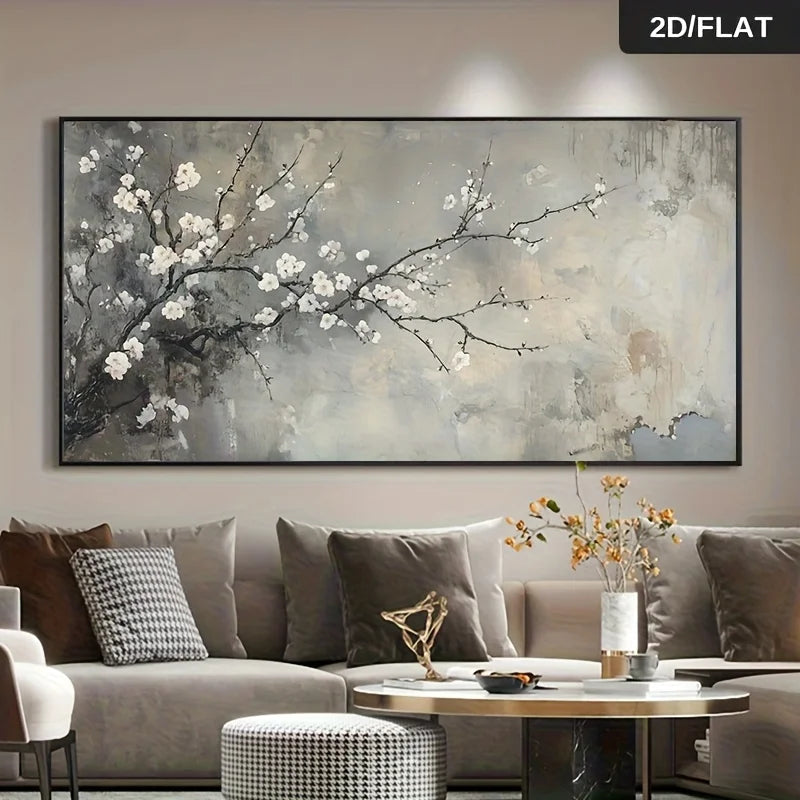 Living room with a large abstract painting of floral branches on the wall.