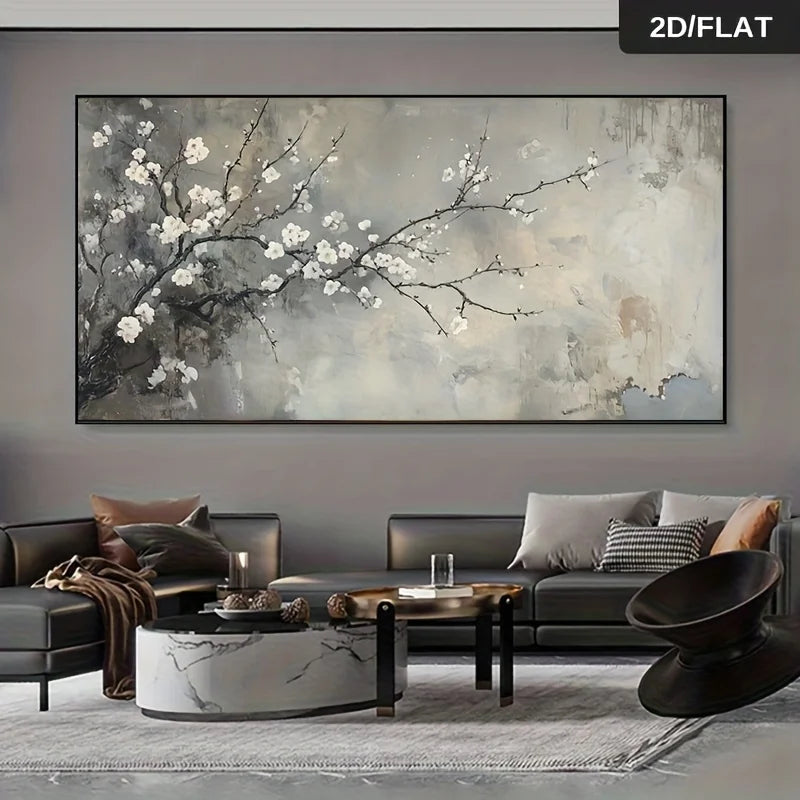 Living room with a large abstract painting of floral branches on the wall.