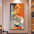 Abstract art piece with floral elements on an orange background in a modern interior setting.