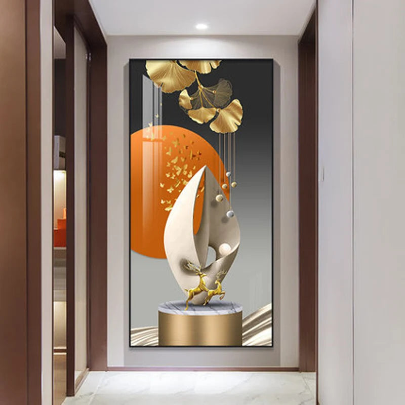 Decorative wall art with abstract design in a modern hallway
