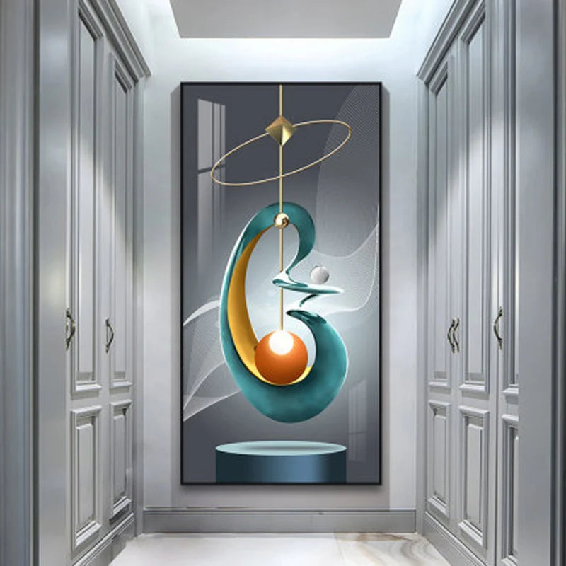 Modern abstract wall art in a hallway with gray walls and white floor.