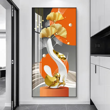 Decorative wall art with abstract design featuring gold elements on an orange background, displayed in a modern interior setting.