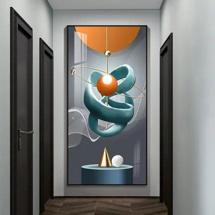 Abstract wall art in a modern hallway