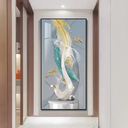 Decorative wall art with feathers and a sculpture in a modern interior setting