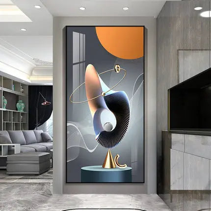 Abstract art piece on a wall in a modern living room