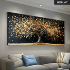 Decorative wall art of a tree with gold leaves in a modern living room.