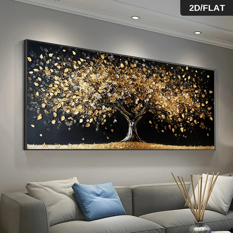 Decorative wall art of a tree with gold leaves in a modern living room.