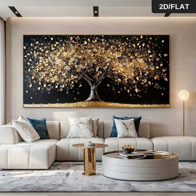 Modern living room with a large abstract painting of a tree on the wall.
