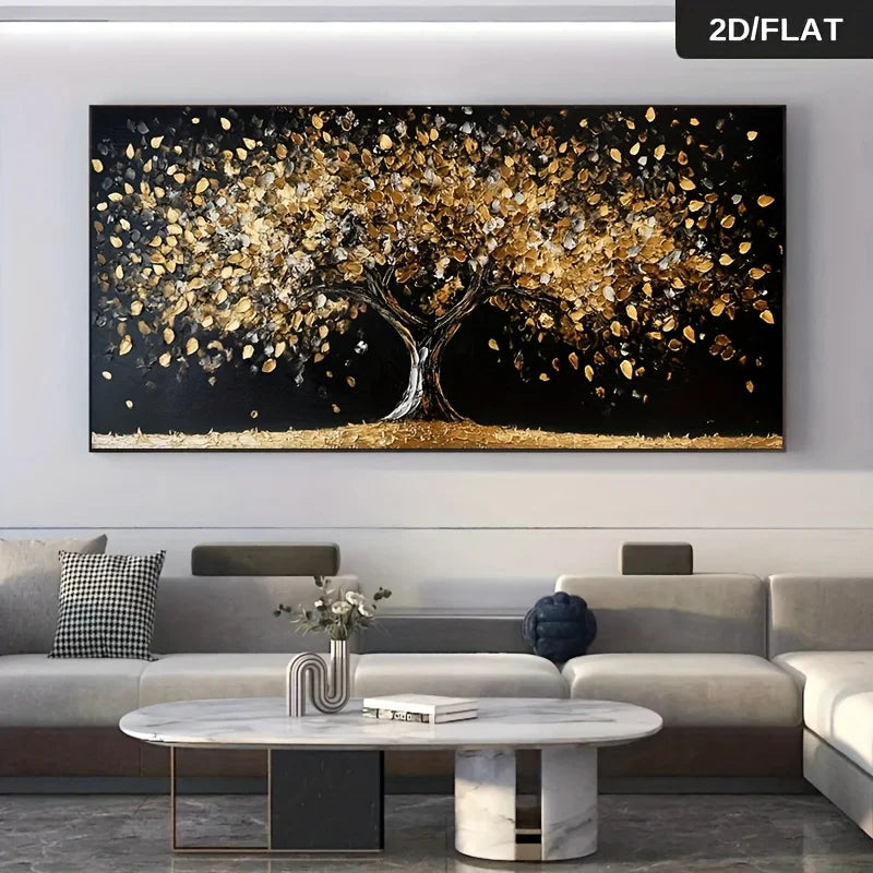 Living room with a large abstract tree painting on the wall