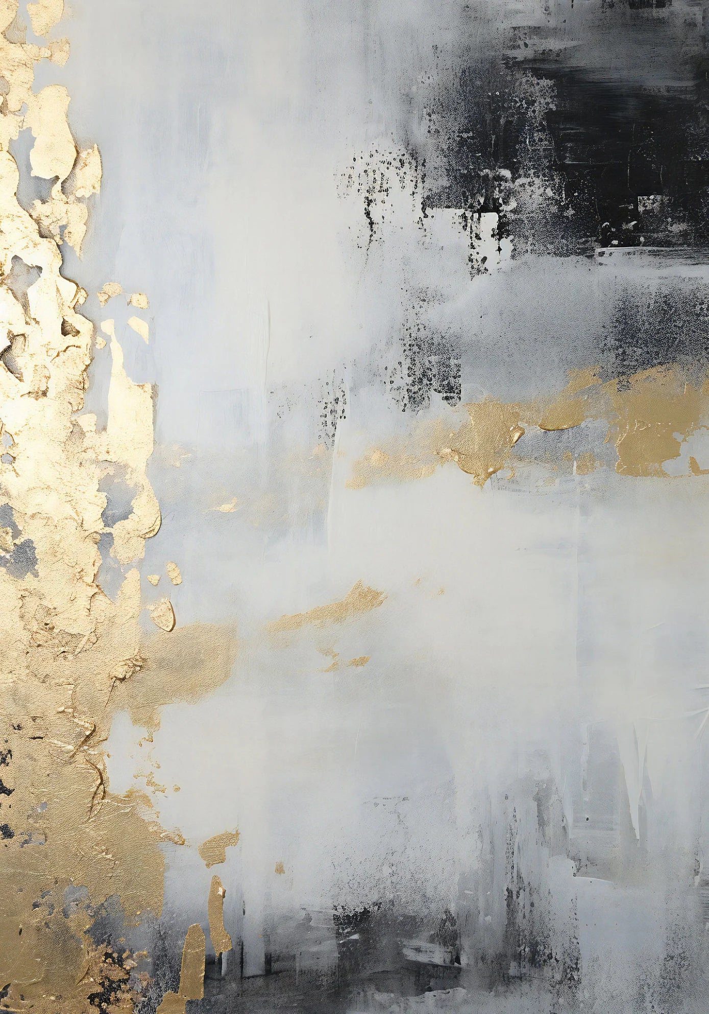 Abstract art with gold leaf and black, white, and gray colors