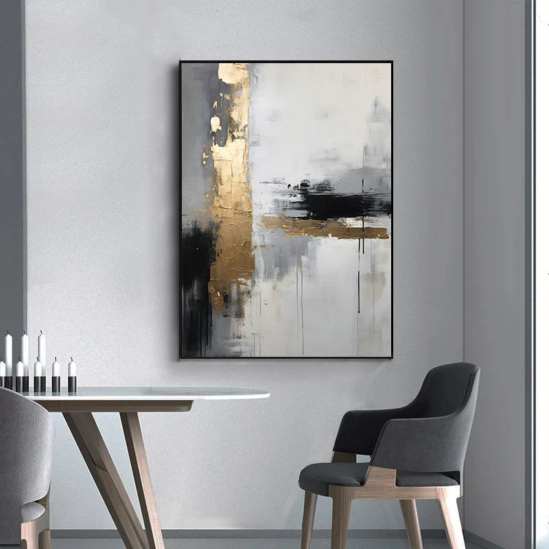 Abstract art piece on a wall above a dining table with chairs.