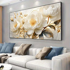 Decorative floral painting on a wall above a sofa with colorful cushions.