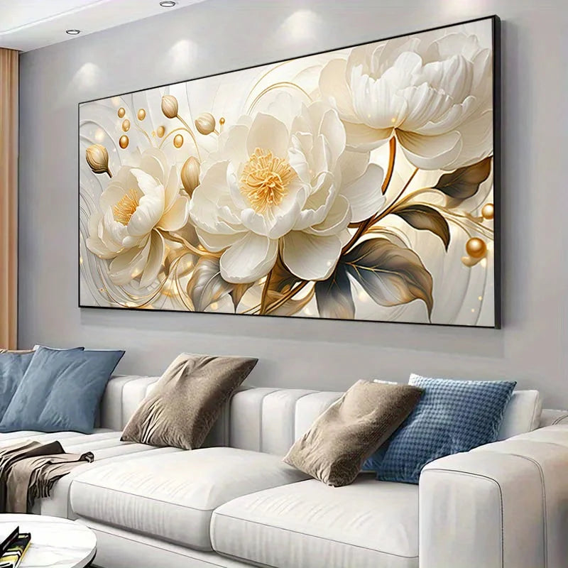 Decorative floral painting on a wall above a sofa with colorful cushions.