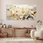 Floral artwork on a wall in a living room setting with furniture and decor.