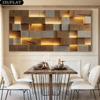 Dining room with wooden table and chairs, and a decorative wall panel.