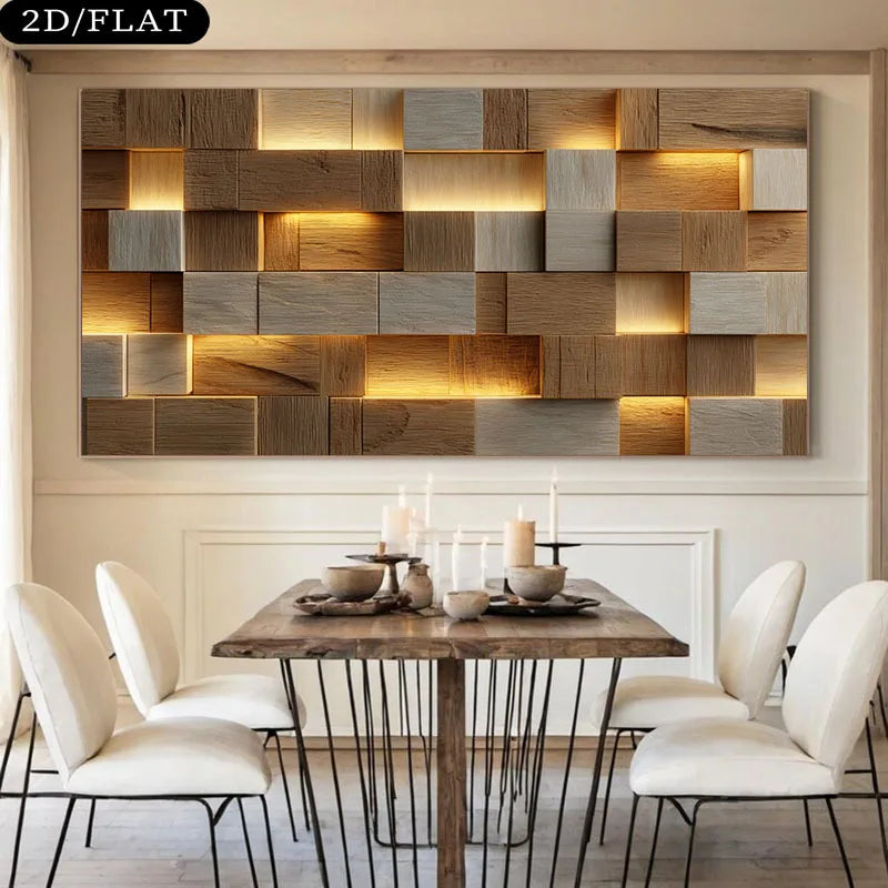Dining room with wooden table and chairs, and a decorative wall panel.