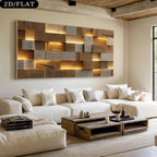 Modern living room with a large wall art piece and a white sofa.