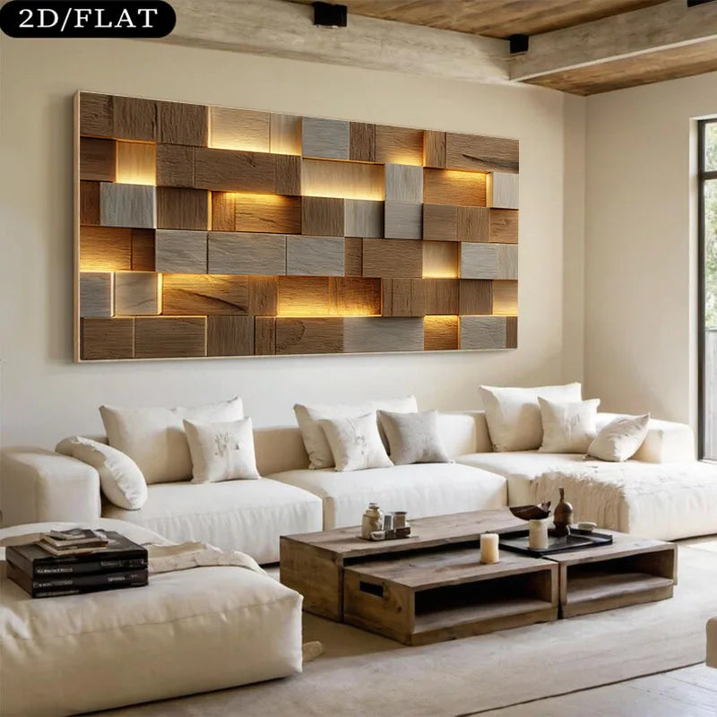 Modern living room with a large wall art piece and a white sofa.