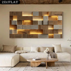 Wooden wall art piece in a living room setting with a sofa and coffee table.